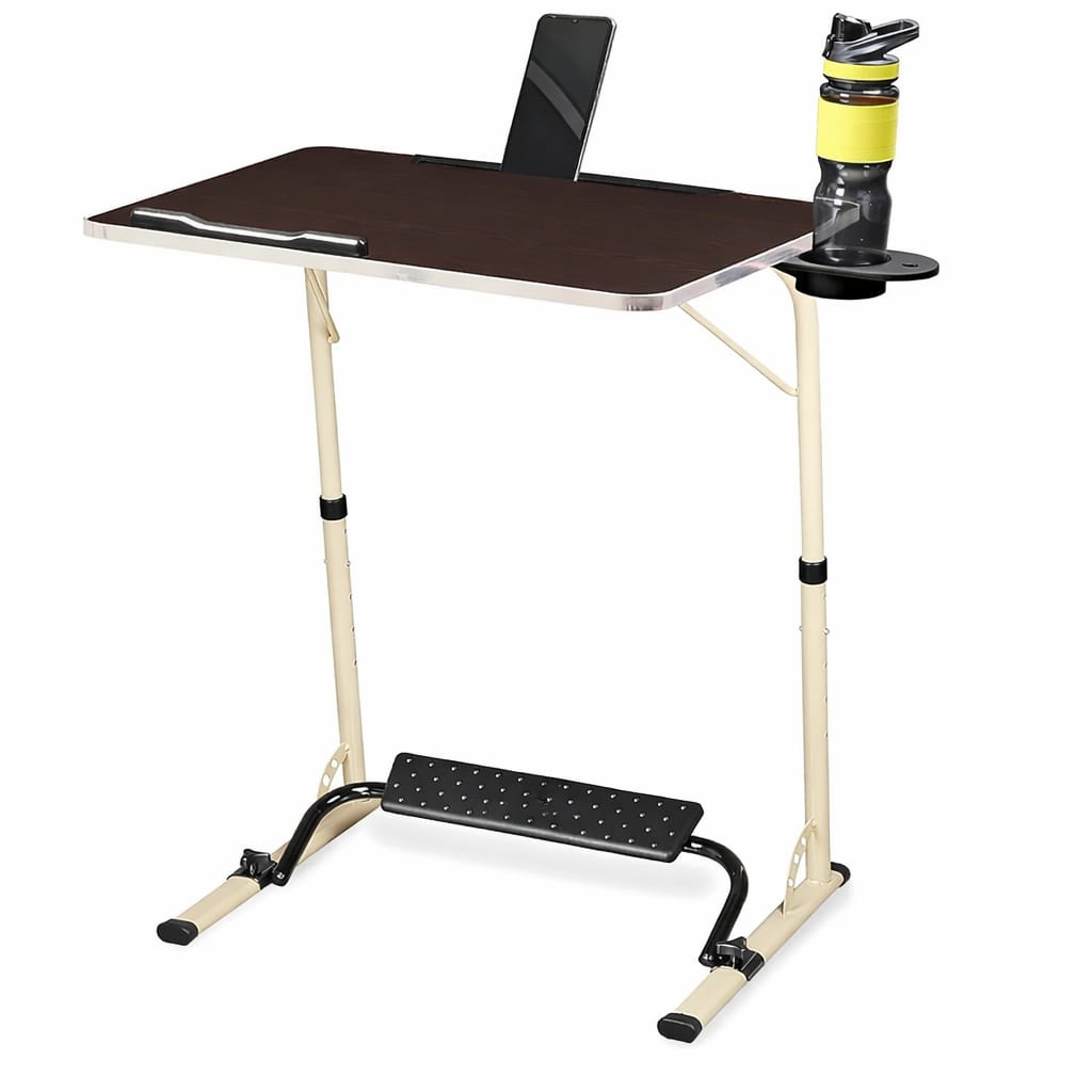 Mobile Laptop Table with Height Adjustment 60-80 cm, Wooden Top with Castors, Black Metal Frame Multipurpose Table (Beige- Wenge)