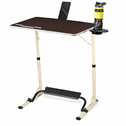 Mobile Laptop Table with Height Adjustment 60-80 cm, Wooden Top with Castors, Black Metal Frame Multipurpose Table (Beige- Wenge)