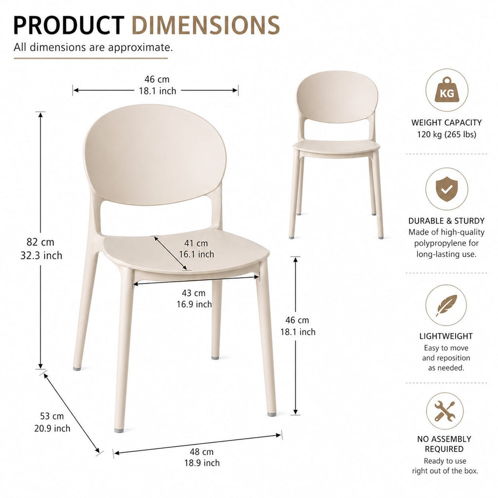 Modern Ergonomic Dining Chair – Minimalist Round-Back Side Chair, Durable Matte Polypropylene, Lightweight Stackable Accent Seating for Kitchen, Dining Room, and Home Office – Sandal