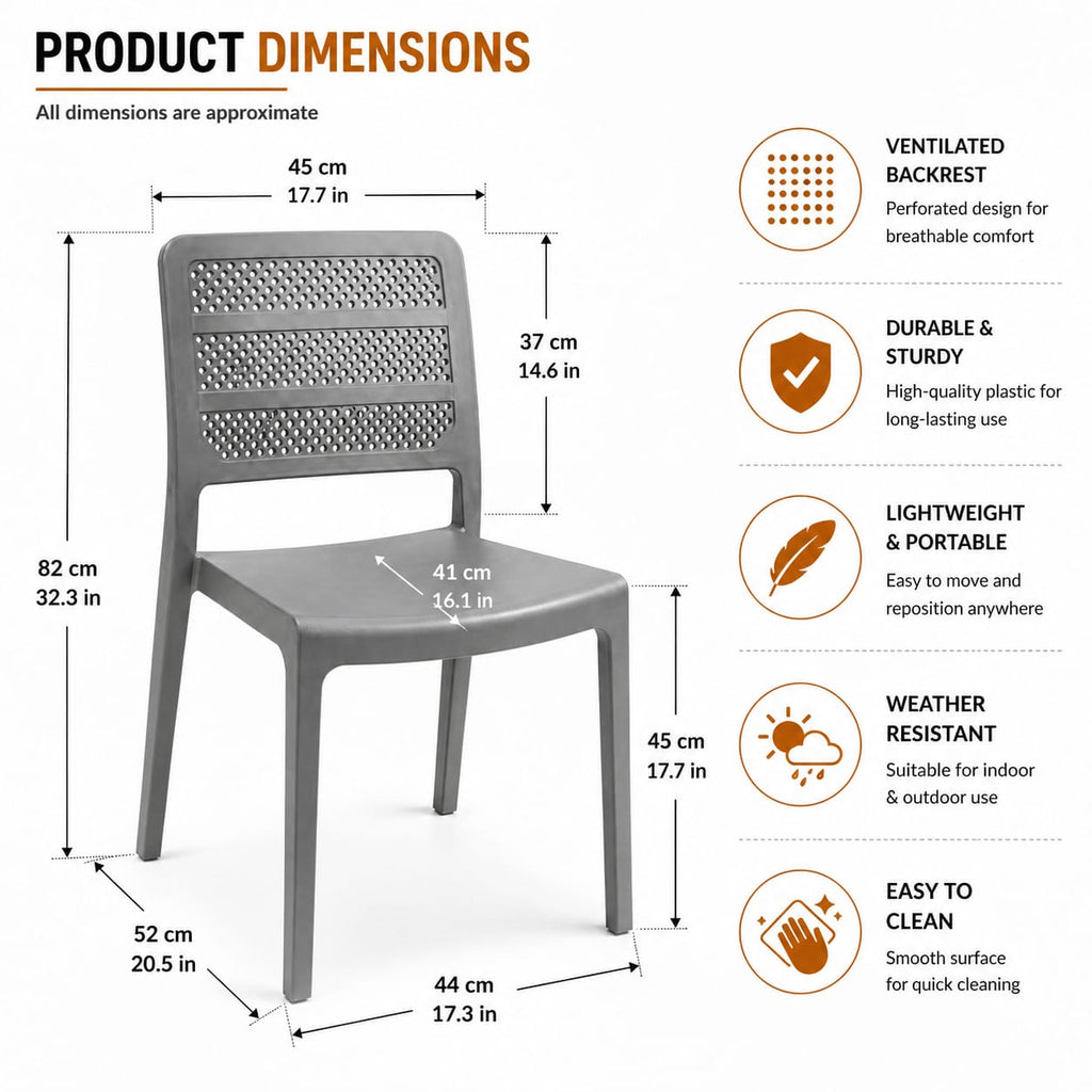 Contemporary Perforated Side Chair – Lightweight Matte Grey Dining Chair with Breathable Lattice Back, Durable All-Weather Polypropylene, Stackable Seating for Kitchen, Restaurant, & Office
