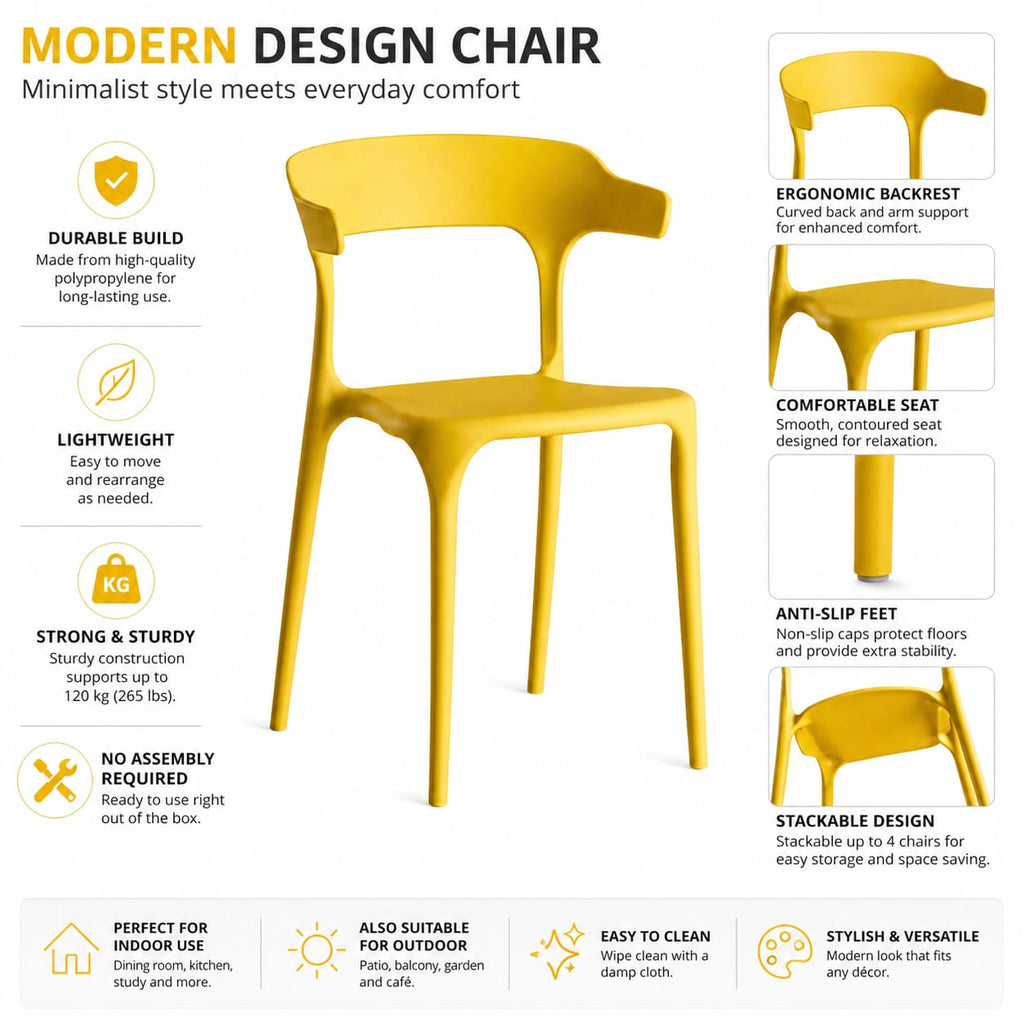Modern Yellow Plastic Chair with Armrest – Minimalist Ergonomic Dining Chair, Lightweight Durable Seating for Home, Office, Cafe & Balcony