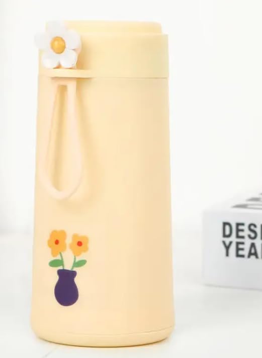 Water Bottle with Cute Flower Design – Leakproof for Hot & Cold Drinks, Portable Thermos Bottle with Handle for Kids School, Office & Travel