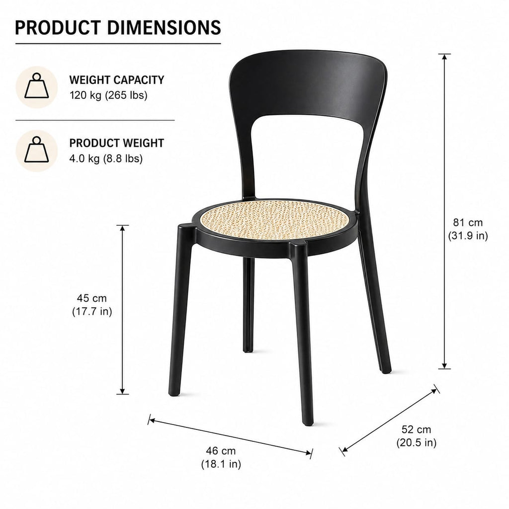 Modern Black Dining Chair with Cane Seat – Minimalist Plastic Frame Accent Chair