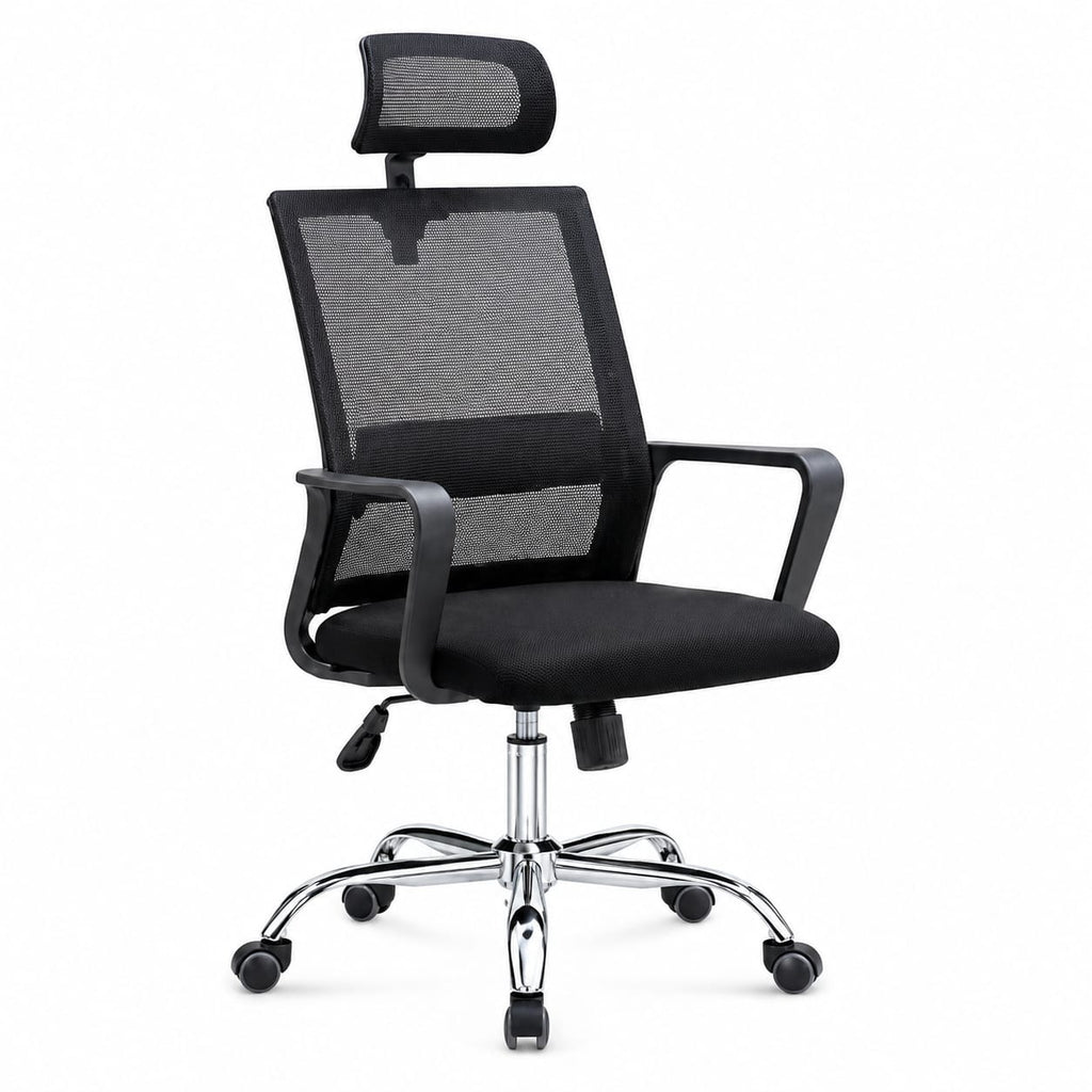 Ergonomic High-Back Mesh Office Chair with Adjustable Headrest and Lumbar Support – Breathable Swivel Executive Desk Chair with Chrome Base and Smooth-Rolling Casters for Home Office, Black