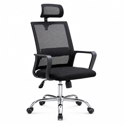Ergonomic High-Back Mesh Office Chair with Adjustable Headrest and Lumbar Support – Breathable Swivel Executive Desk Chair with Chrome Base and Smooth-Rolling Casters for Home Office, Black