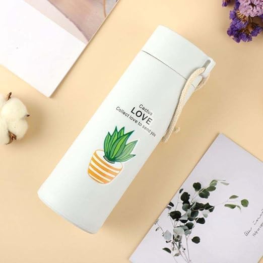 Plant Glass Water Bottle with Protective Cover | Glass Water Bottle for Fridge, Home, Office, Gym, Travel | BPA Free Water Bottle Glass | Cool Bottle | 400ml
