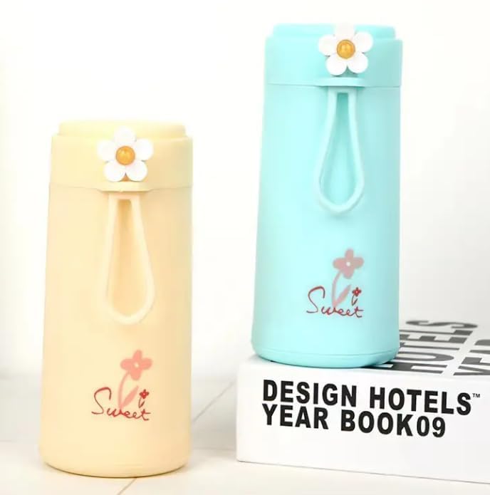 Water Bottle with Cute Flower Design – Leakproof for Hot & Cold Drinks, Portable Thermos Bottle with Handle for Kids School, Office & Travel
