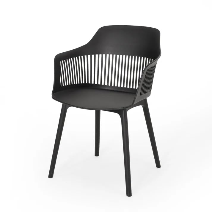 Modern Black Plastic Arm Dining Chair with Breathable Backrest and Durable Legs, Stylish Café and Restaurant Seating for Home or Balcony