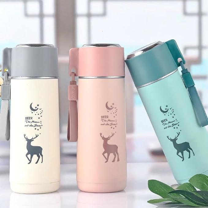 Water Bottle with Handle –Hot & Cold Drinks, Cute Deer Print Thermos Bottle for Kids, Office, School & Travel
