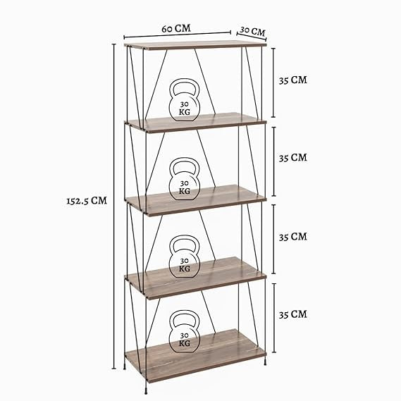 5-Tier Wooden Shelf Rack with Metal Frame – Sturdy Structure & Rustic Wood Shelves for Kitchen, Office, Kids Room, Living Room Storage & Display