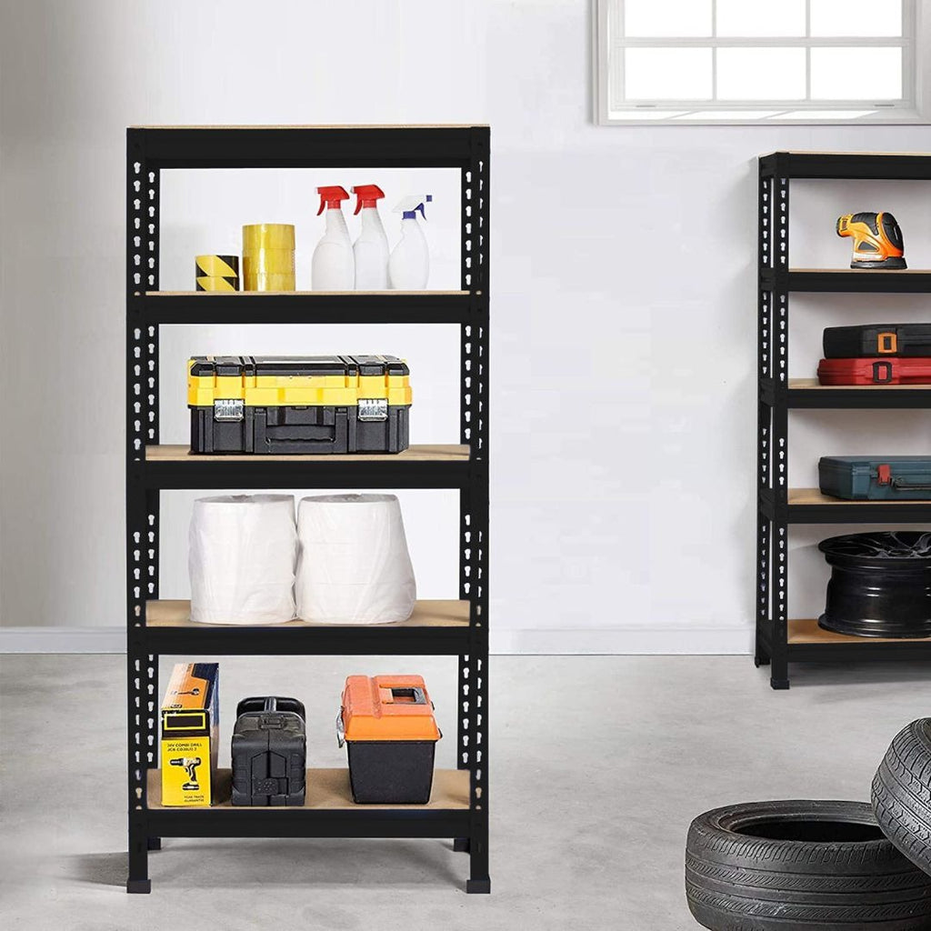 Tall size boltless rack Non laminated| 5-tier metal storage rack| Heavy duty steel shelving unit black mdf shelves.