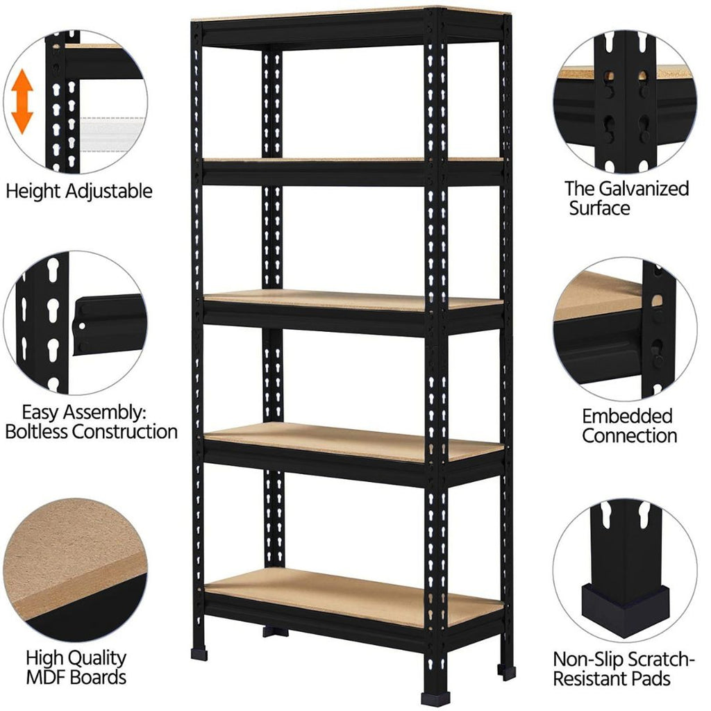 Tall size boltless rack Non laminated| 5-tier metal storage rack| Heavy duty steel shelving unit black mdf shelves.