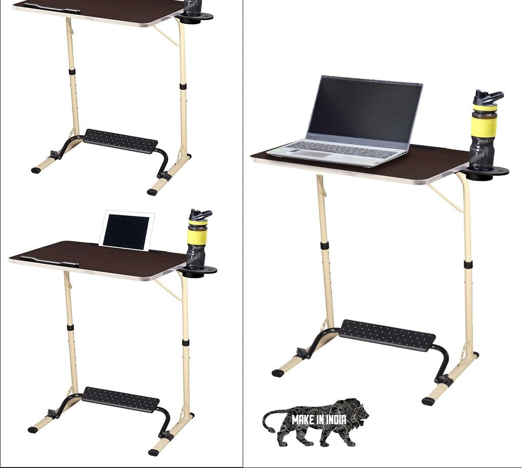 Mobile Laptop Table with Height Adjustment 60-80 cm, Wooden Top with Castors, Black Metal Frame Multipurpose Table (Beige- Wenge)
