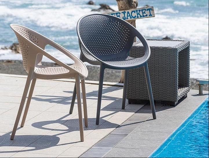 Modern Black Perforated Plastic Dining Chair – Contemporary Indoor & Outdoor Armchair with Ventilated Design
