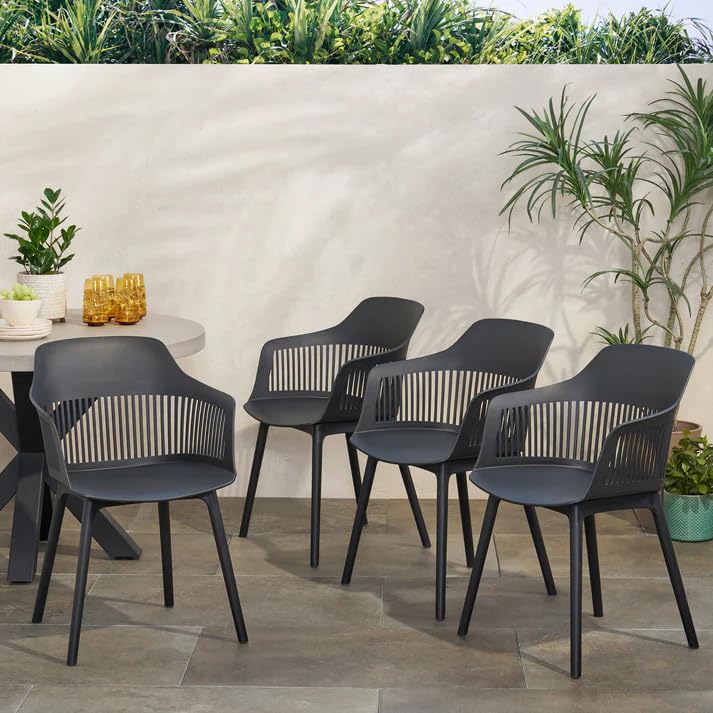 Modern Black Plastic Arm Dining Chair with Breathable Backrest and Durable Legs, Stylish Café and Restaurant Seating for Home or Balcony