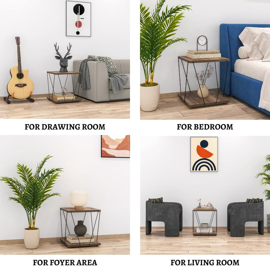 Modern End Table with Premium Laminate Finish| Triple Layer Engineered Board| Powder-Coated Wire Frame| Compact Side Table for Living Room| Bedroom Office & Balcony| (Wire END Table)