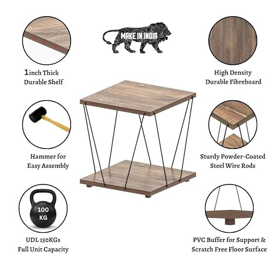 Modern End Table with Premium Laminate Finish| Triple Layer Engineered Board| Powder-Coated Wire Frame| Compact Side Table for Living Room| Bedroom Office & Balcony| (Wire END Table)