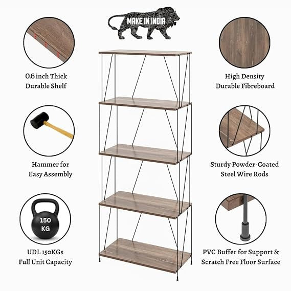 5-Tier Wooden Shelf Rack with Metal Frame – Sturdy Structure & Rustic Wood Shelves for Kitchen, Office, Kids Room, Living Room Storage & Display