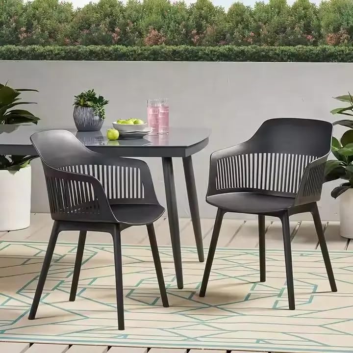 Modern Black Plastic Arm Dining Chair with Breathable Backrest and Durable Legs, Stylish Café and Restaurant Seating for Home or Balcony