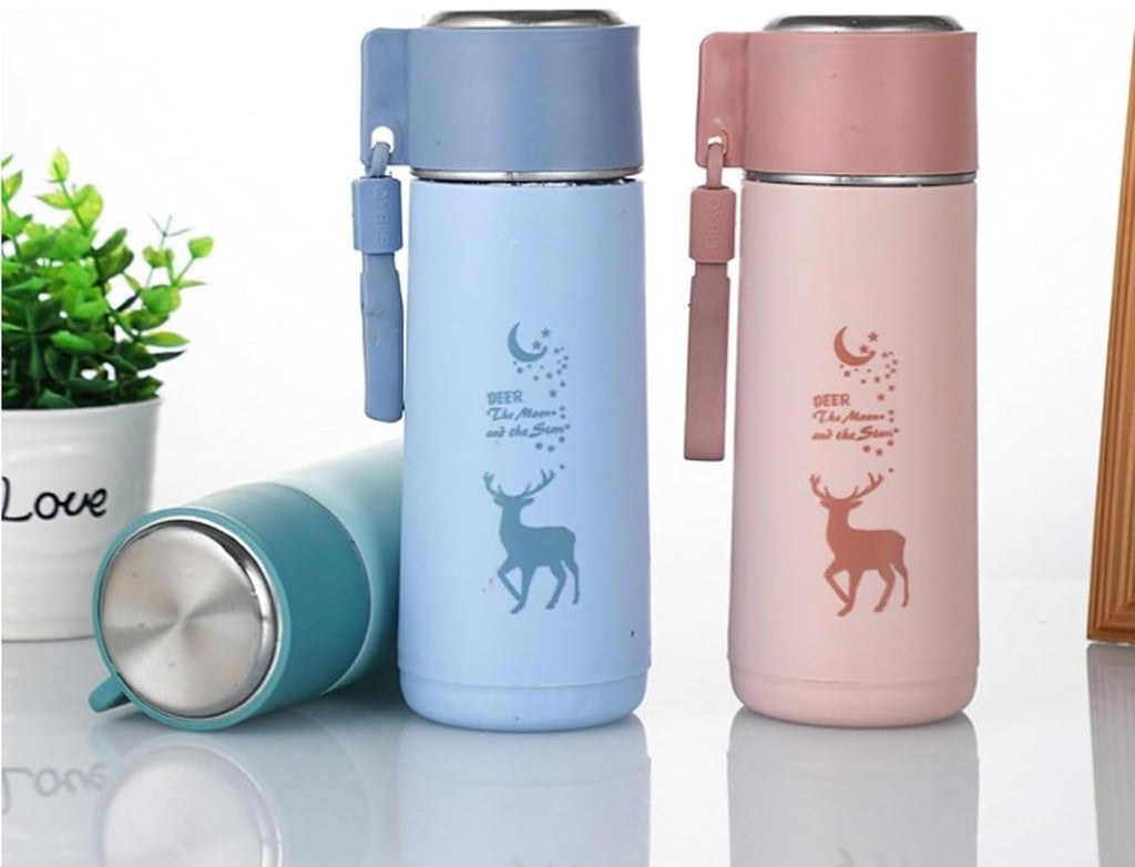 Water Bottle with Handle –Hot & Cold Drinks, Cute Deer Print Thermos Bottle for Kids, Office, School & Travel