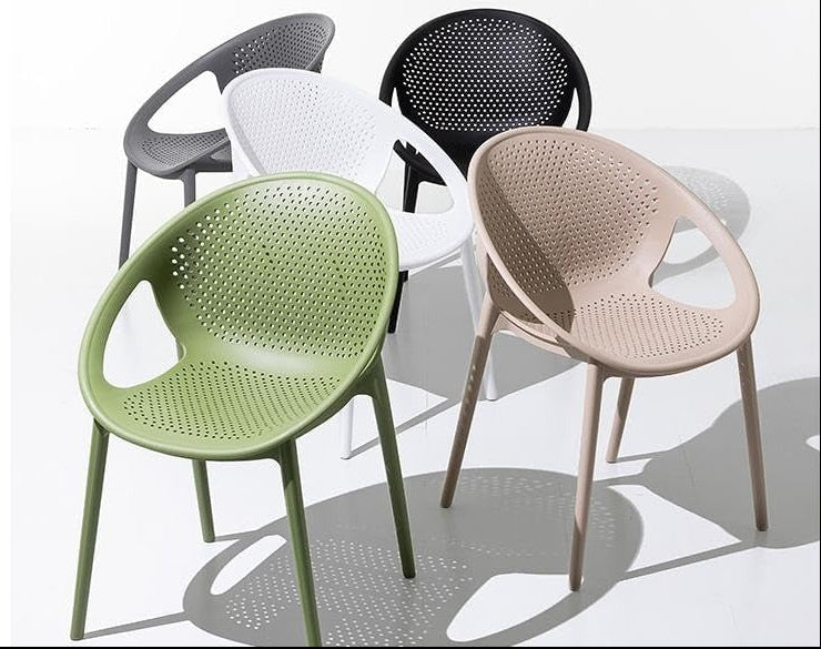 Modern Black Perforated Plastic Dining Chair – Contemporary Indoor & Outdoor Armchair with Ventilated Design