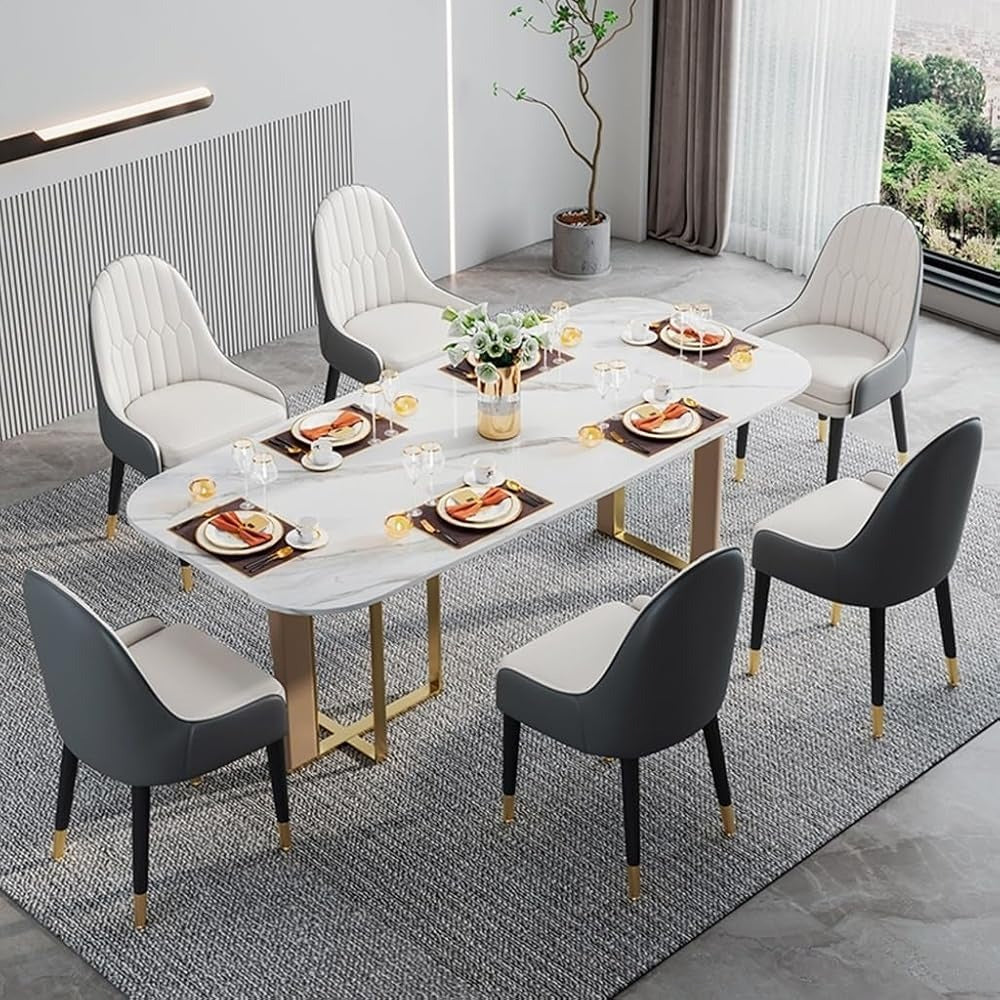 Modern Upholstered Dining Chair with Armrests – Grey PU Leather Chair with Black Metal Legs & Gold Tips