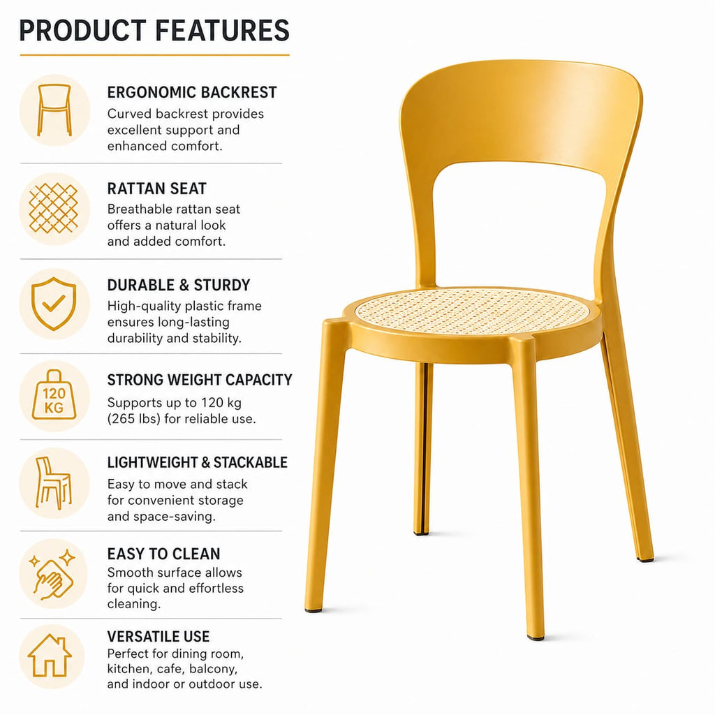 Modern Yellow Dining Chair with Cane Seat – Minimalist Plastic Frame Accent Chair