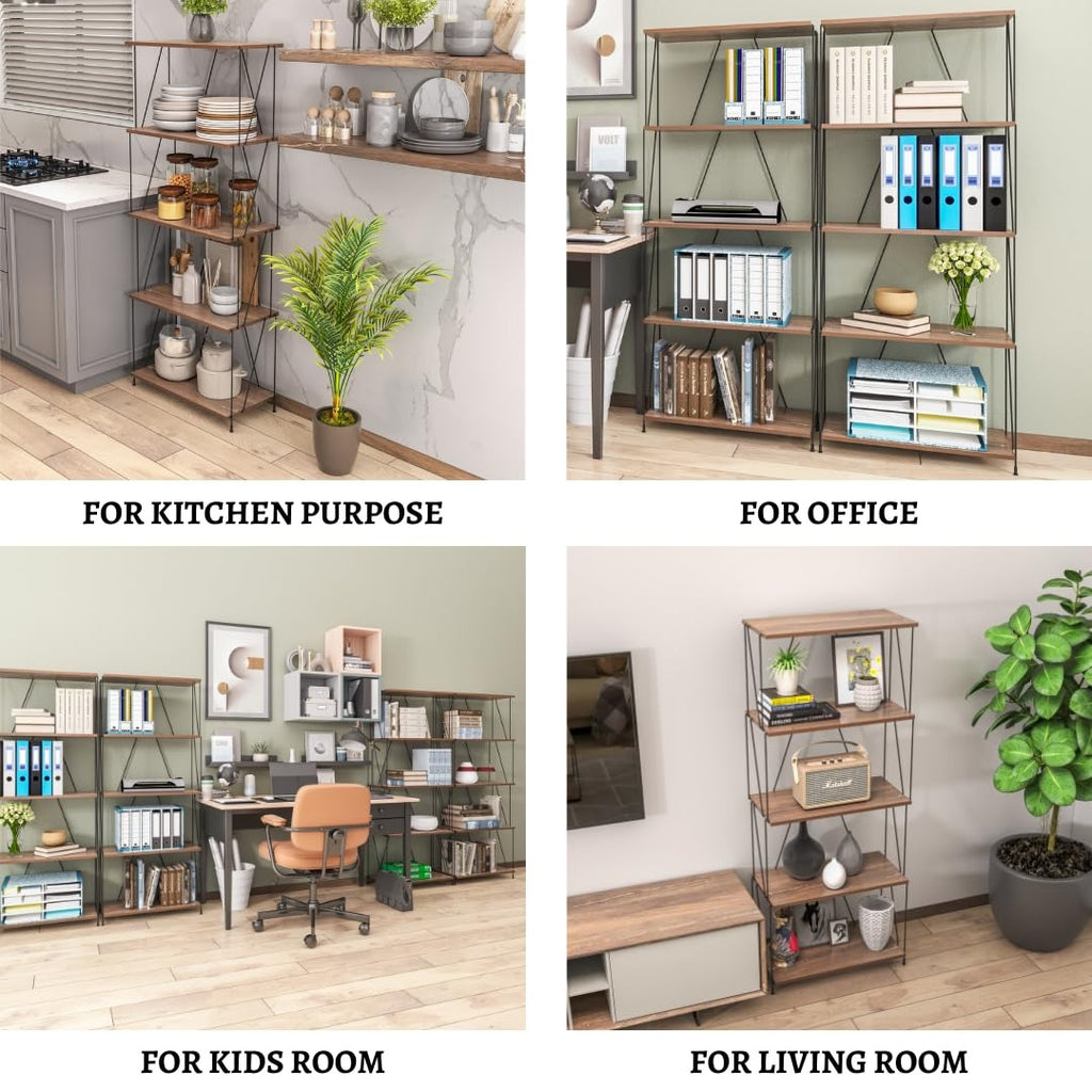 5-Tier Wooden Shelf Rack with Metal Frame – Sturdy Structure & Rustic Wood Shelves for Kitchen, Office, Kids Room, Living Room Storage & Display