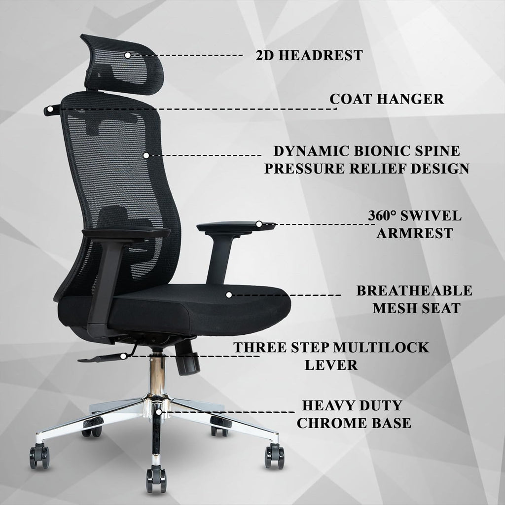 Ergonomic Office High Back Computer Chair Adjustable Lumbar Support & Cushion Seat, 360° Adjustable Armrests, Multi Lock Mechanism, Chrome Base - Black