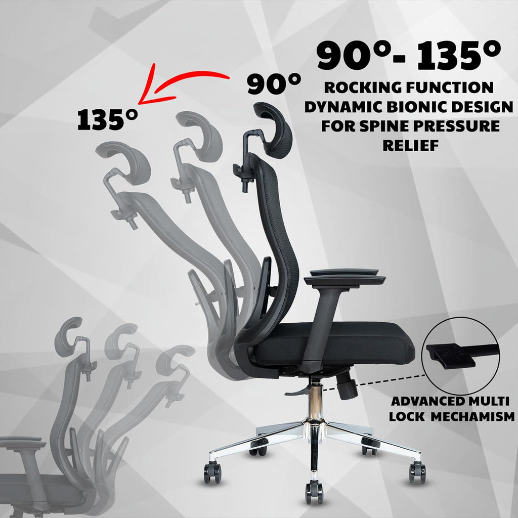 Ergonomic Office High Back Computer Chair Adjustable Lumbar Support & Cushion Seat, 360° Adjustable Armrests, Multi Lock Mechanism, Chrome Base - Black