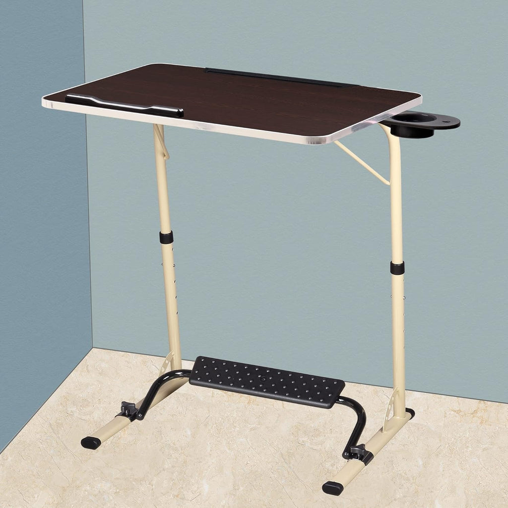 Mobile Laptop Table with Height Adjustment 60-80 cm, Wooden Top with Castors, Black Metal Frame Multipurpose Table (Beige- Wenge)