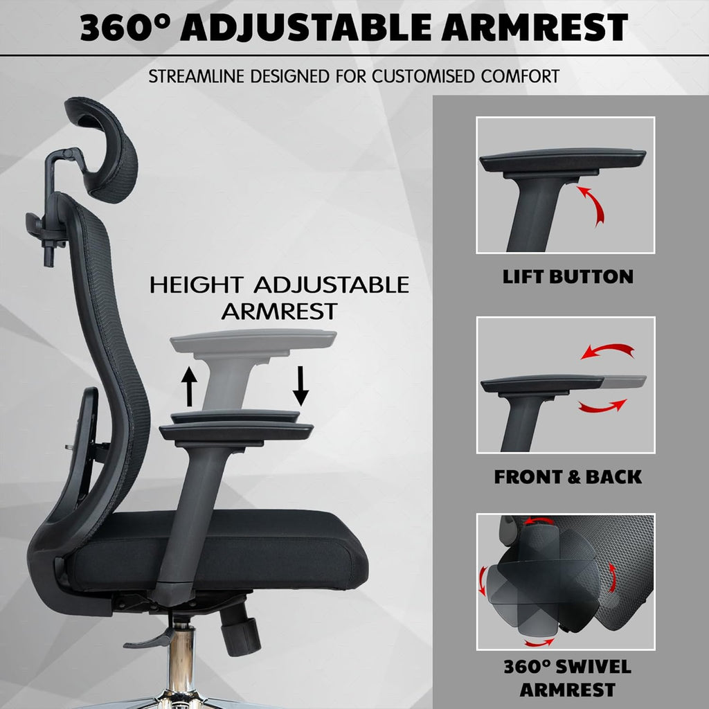 Ergonomic Office High Back Computer Chair Adjustable Lumbar Support & Cushion Seat, 360° Adjustable Armrests, Multi Lock Mechanism, Chrome Base - Black