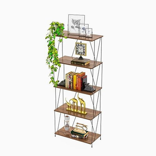 5-Tier Wooden Shelf Rack with Metal Frame – Sturdy Structure & Rustic Wood Shelves for Kitchen, Office, Kids Room, Living Room Storage & Display