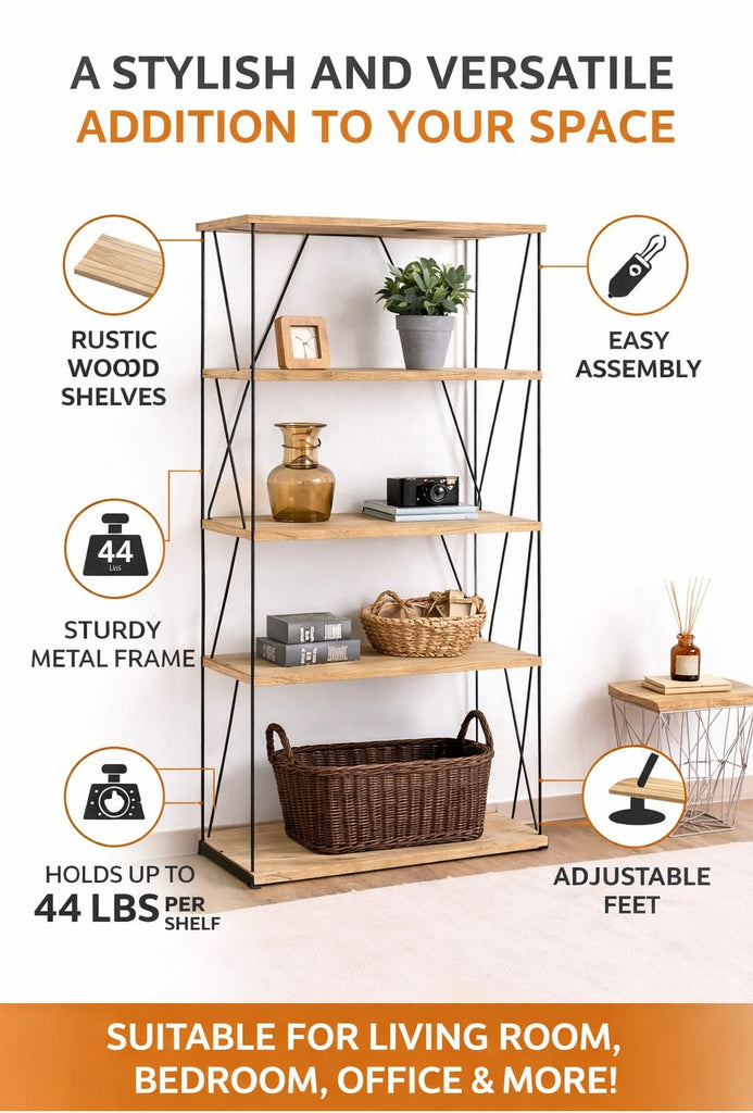 Modern 5-Tier Wooden & Metal Storage Rack | Multi-Purpose Display Shelf for Living Room, Kitchen & Bedroom