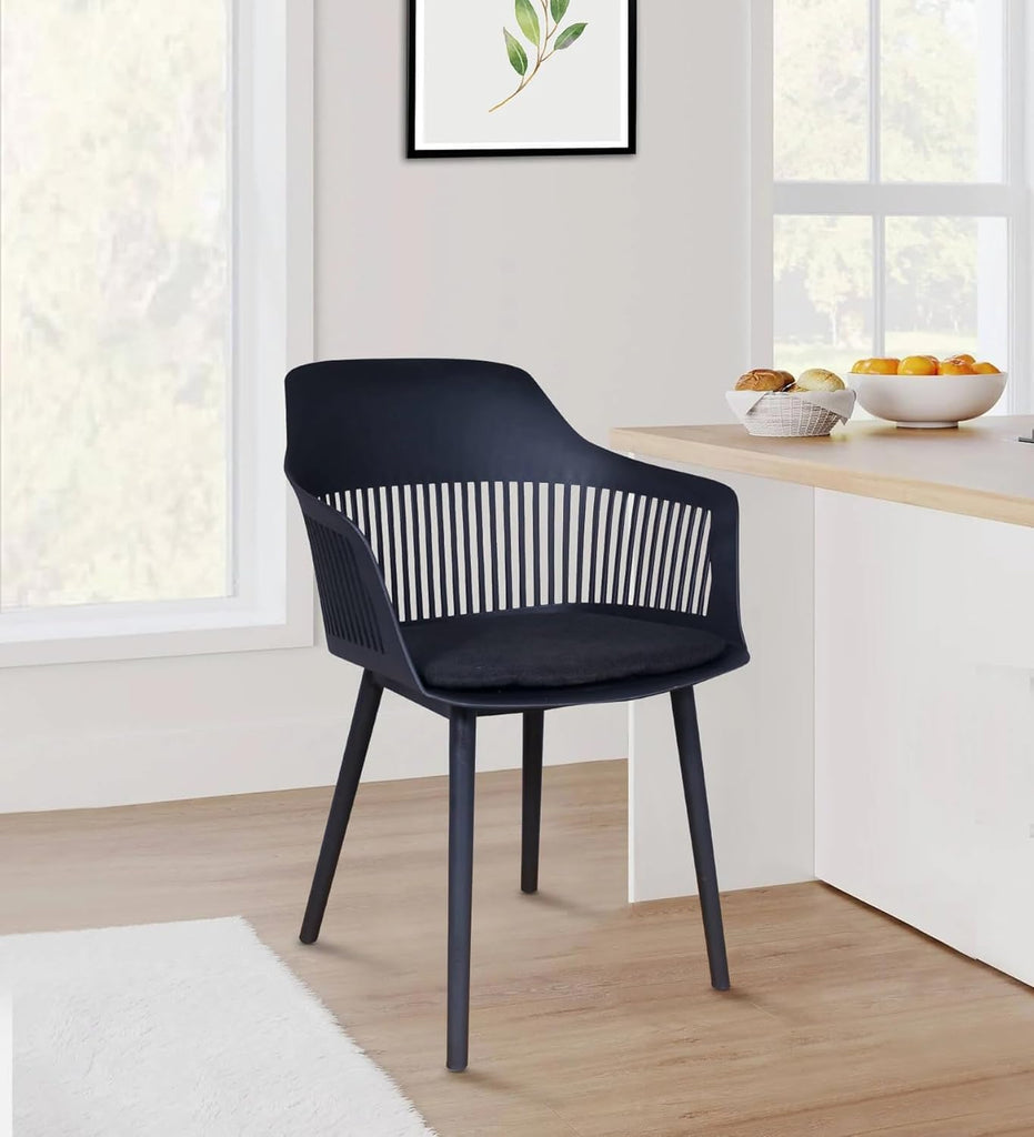 Modern Black Plastic Arm Dining Chair with Breathable Backrest and Durable Legs, Stylish Café and Restaurant Seating for Home or Balcony