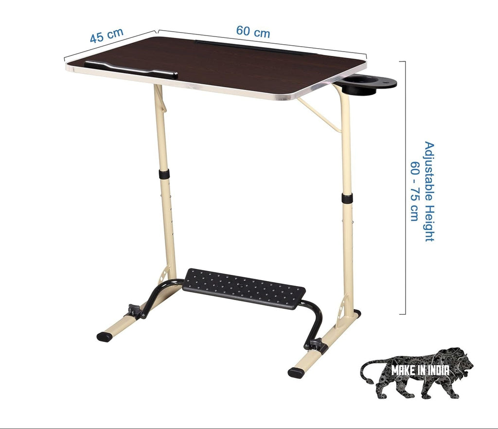 Mobile Laptop Table with Height Adjustment 60-80 cm, Wooden Top with Castors, Black Metal Frame Multipurpose Table (Beige- Wenge)