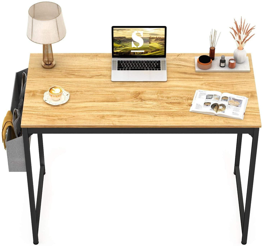 Computer Desk Study Writing Table with 2 Hooks for Home Office, Modern Simple Style PC Desk, Black Metal Frame Laptop Table with Storage Bag