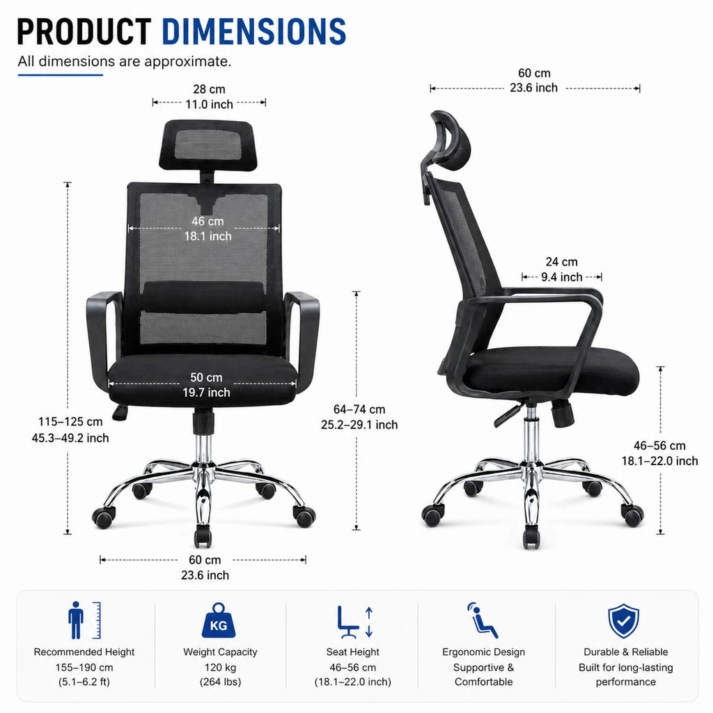 Ergonomic High-Back Mesh Office Chair with Adjustable Headrest and Lumbar Support – Breathable Swivel Executive Desk Chair with Chrome Base and Smooth-Rolling Casters for Home Office, Black