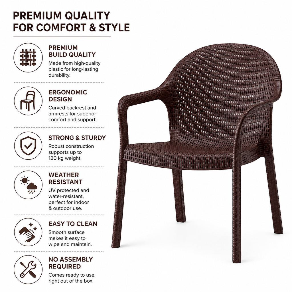 Premium Brown Woven Plastic Armchair – Durable, Lightweight & Modern Indoor/Outdoor Chair