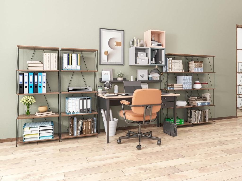 5-Tier Wooden Shelf Rack with Metal Frame – Sturdy Structure & Rustic Wood Shelves for Kitchen, Office, Kids Room, Living Room Storage & Display