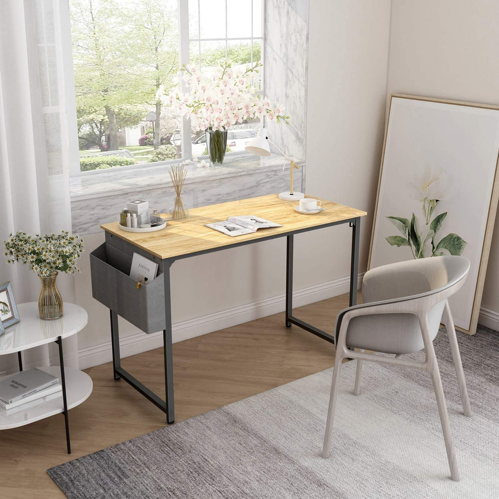 Computer Desk Study Writing Table with 2 Hooks for Home Office, Modern Simple Style PC Desk, Black Metal Frame Laptop Table with Storage Bag