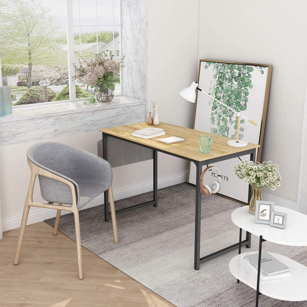 Computer Desk Study Writing Table with 2 Hooks for Home Office, Modern Simple Style PC Desk, Black Metal Frame Laptop Table with Storage Bag