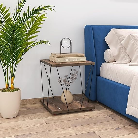 Modern End Table with Premium Laminate Finish| Triple Layer Engineered Board| Powder-Coated Wire Frame| Compact Side Table for Living Room| Bedroom Office & Balcony| (Wire END Table)