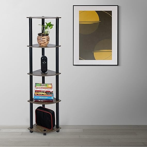 Multipurpose Corner rack| Shelving Unit Turn-N-Tube End Table Corner Display Rack Hallway| Living Room| Metal| Easy Assembly| Space Saving | Industrial Wood (Corner-5)