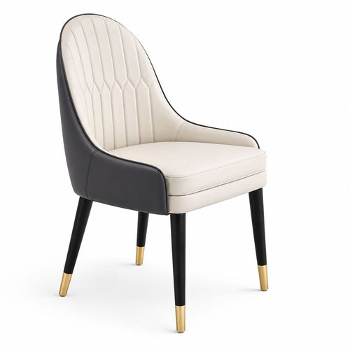 Modern Upholstered Dining Chair with Armrests – Grey PU Leather Chair with Black Metal Legs & Gold Tips