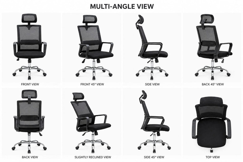 Ergonomic High-Back Mesh Office Chair with Adjustable Headrest and Lumbar Support – Breathable Swivel Executive Desk Chair with Chrome Base and Smooth-Rolling Casters for Home Office, Black