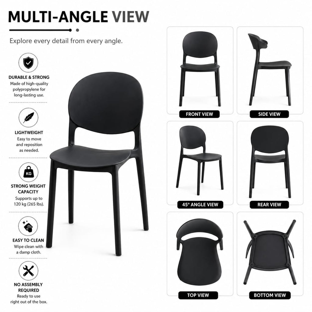 Black Dining Chair – Ergonomic Rounded Back Side Chair, Lightweight Stackable Plastic Seating for Kitchen, Living Room, Dining Area, or Office – Sleek Minimalist Design