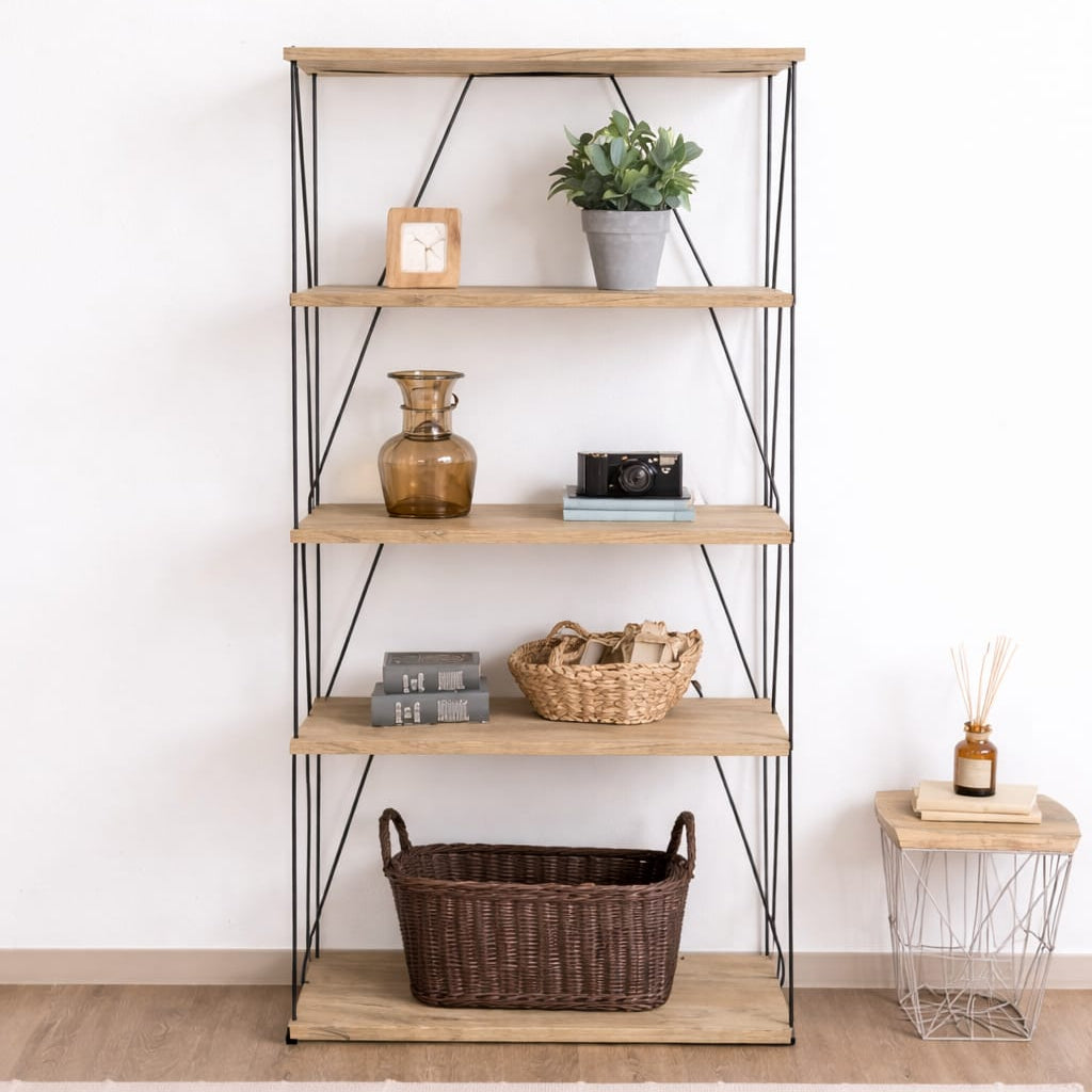 Modern 5-Tier Wooden & Metal Storage Rack | Multi-Purpose Display Shelf for Living Room, Kitchen & Bedroom