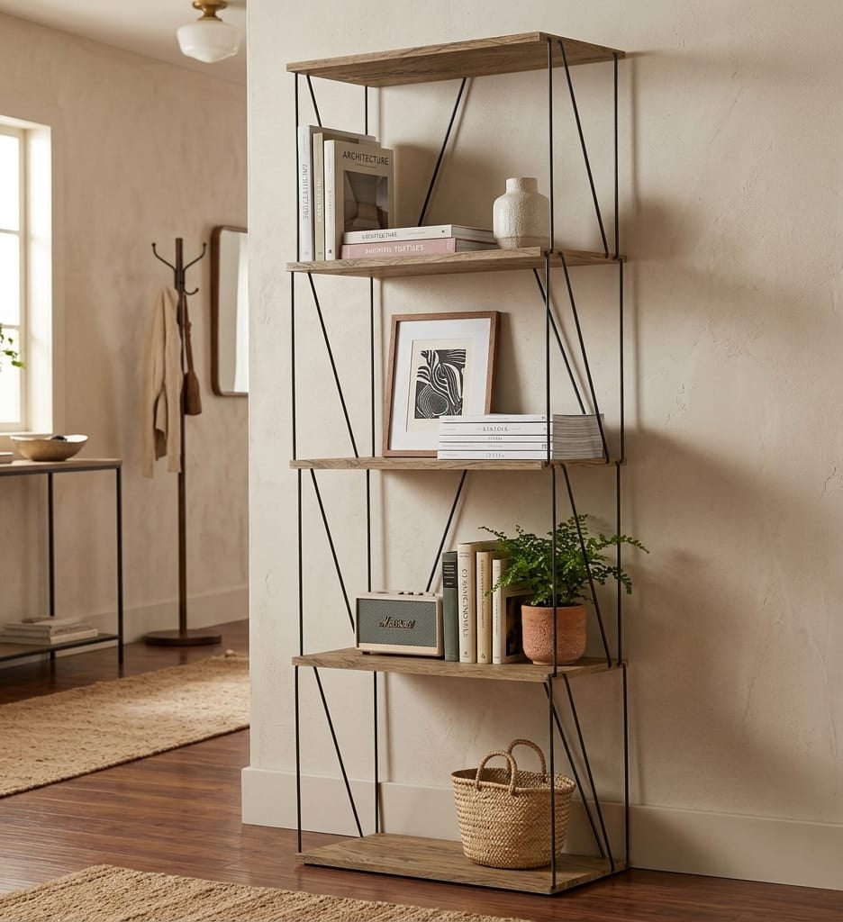 Modern 5-Tier Wooden & Metal Storage Rack | Multi-Purpose Display Shelf for Living Room, Kitchen & Bedroom