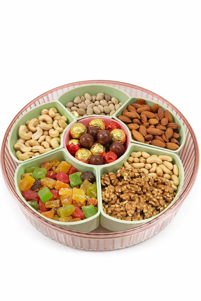 Luxury round dry fruit serving tray with golden horse lid pink transparent divider box